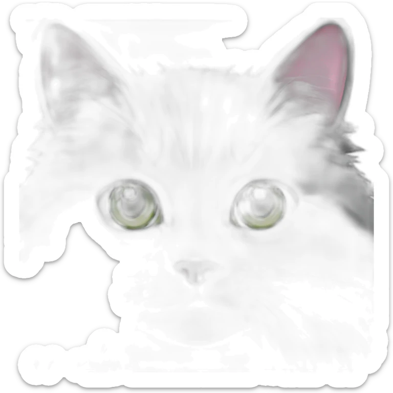 fluffy dark grey cat with pink nose, green eyes and white long whiskers, near the nose there are white spots sticker