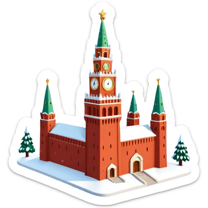 Apple iOS style emoji of the Moscow Kremlin Spasskaya Tower, winter
New Year edition. Red brick texture, snowy roof, golden clock face. Small festive garland with glowing lights wrapped around the tower. Bright red glowing star on top. 3D isometric  sticker