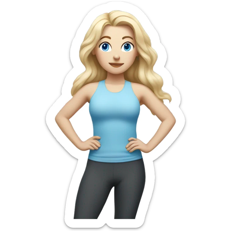 white woman with long blonde hair, blue eyes and cat shaped eyes wearing a yoga outfit standing  sticker