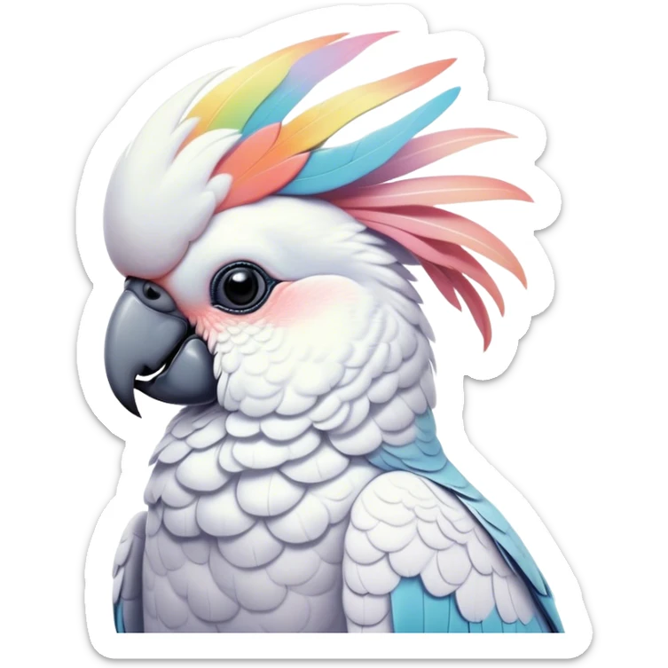 Cinematic Noble Cockatoo Portrait Emoji, Poised and regal, with a striking, crest-adorned head of brilliant white and pastel hues, a robust, curved beak, and piercing, intelligent eyes, Simplified yet sharp and sophisticated features, highly detailed, glowing with a soft, tropical luminescence, high shine, intelligent and majestic, stylized with an air of avian elegance, focused and alert, soft glowing outline, capturing the essence of a watchful and confident cockatoo that appears ready to unfurl its crest out of the screen with effortless authority! sticker