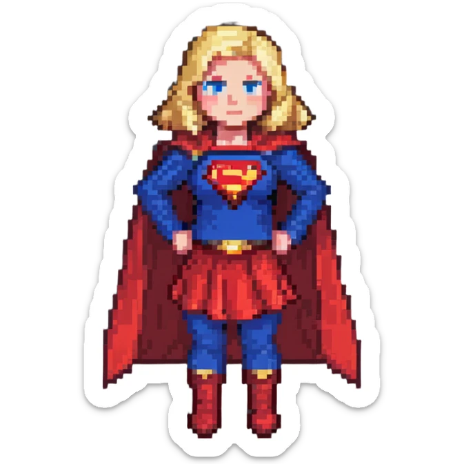 Supergirl superhero full body, blue suit with red skirt, red cape, blonde hair, and S emblem on chest sticker