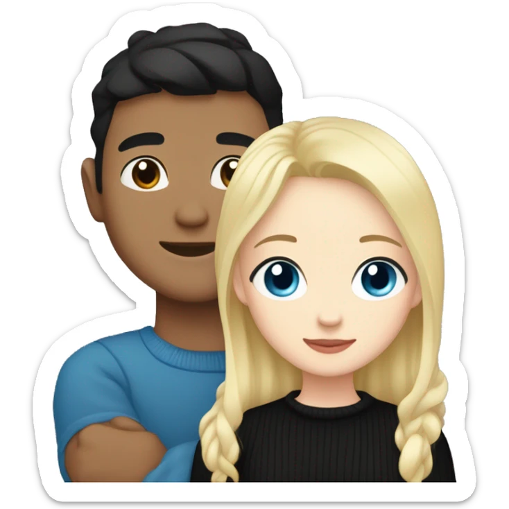 Blonde girl with blue eyes in black sweater and an east asian with light skin man with black hair and black eyes hugging sticker