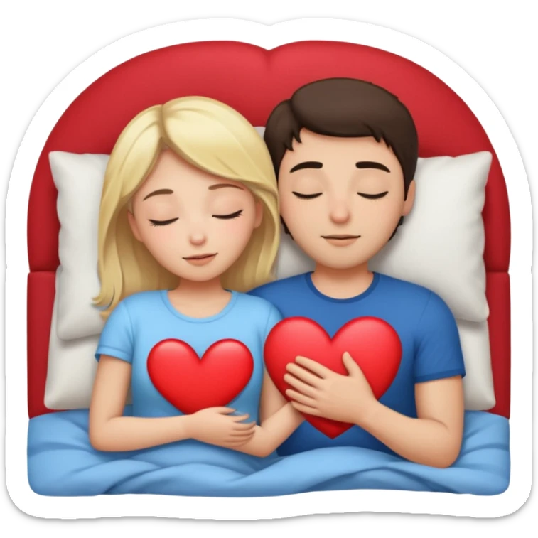 cuddling in bed, asleep. blonde girl. brunette man. eyes closed. heart between them. sticker