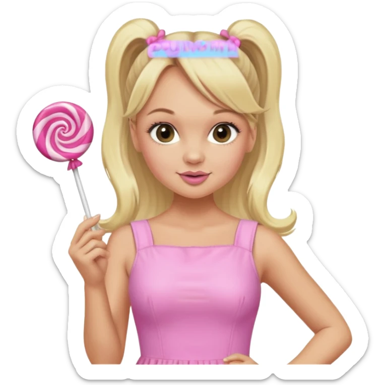 Emma Bunton with long blonde ponytails wearing light pink body dress holding a lollipop sticker