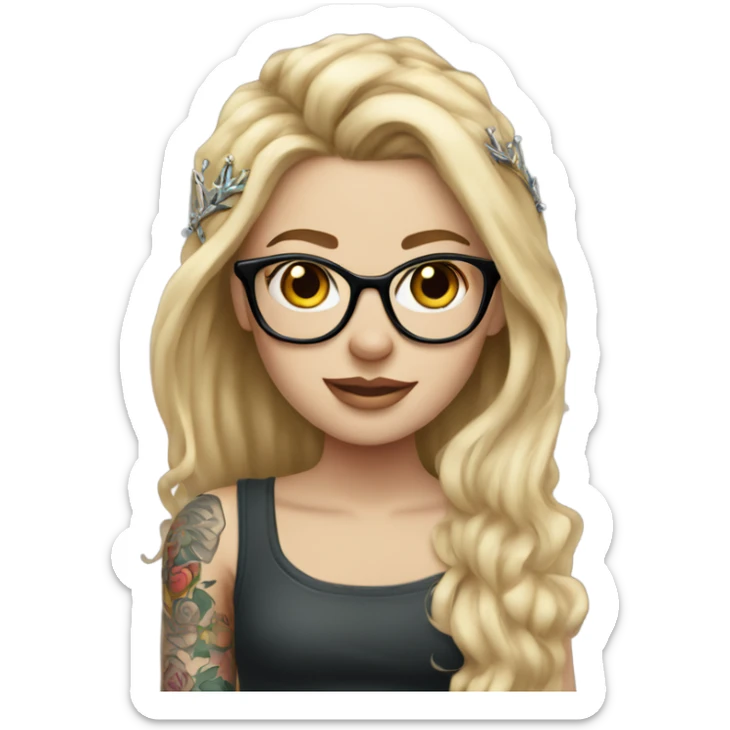 beautiful white girl with tattoos, wearing a crown and glasses with long blond hair  sticker