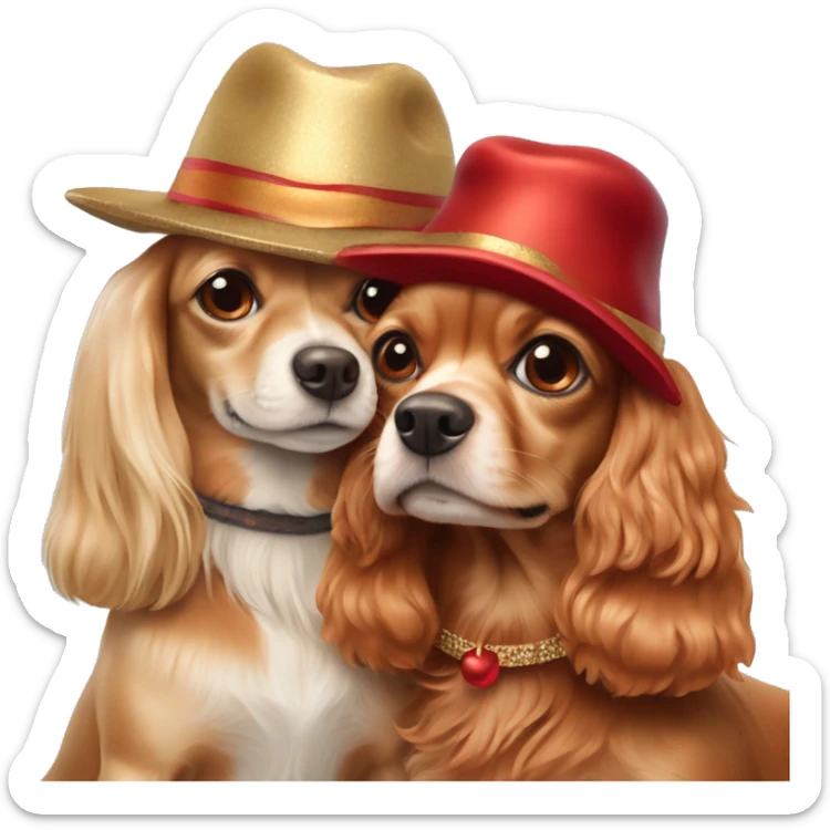 Two dogs hugging each other full-length. One is a long-haired beige Chihuahua with red strands and protruding ears. The second is a red cocker spaniel. They are both wearing New Year's hats, the cocker is bigger than the Chihuahua. sticker