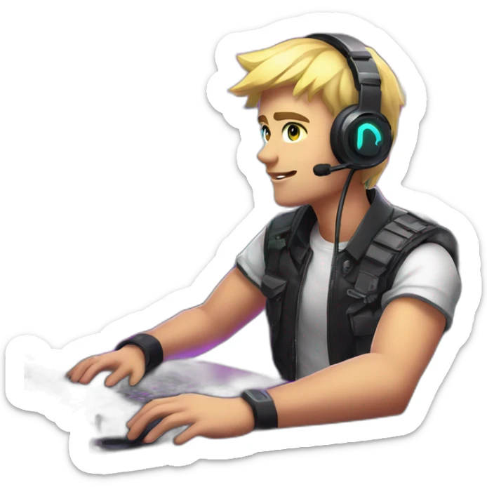 Blonde short hair Gamer guy with mic on mic arm sitting at desk with neon lights in gaming room environment sticker