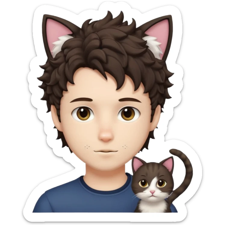 white boy with cat tail with goatee hair and cat ears with dark brown hair and anime features woth curly hair  sticker