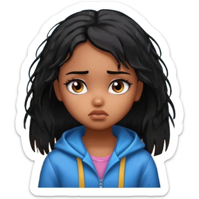generate a pretty bratz brown skinned girl with messy black hair looking out of the rainy window, looking very sad sticker