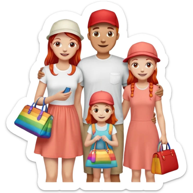 A happy family of four - father in white t-shirt and cap, mother with red hair in coral dress, young daughter in matching dress with rainbow handbag, teenage son in light embroidered shirt, all smiling together sticker