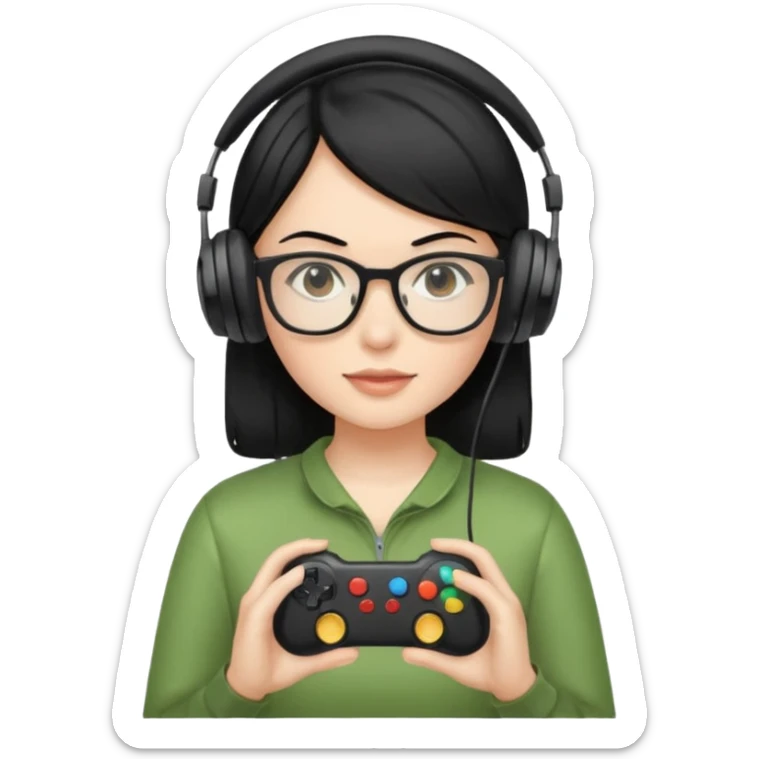 
gamer, woman shiny black hair no eyebrows with glasses, headphone, gamepad sticker
