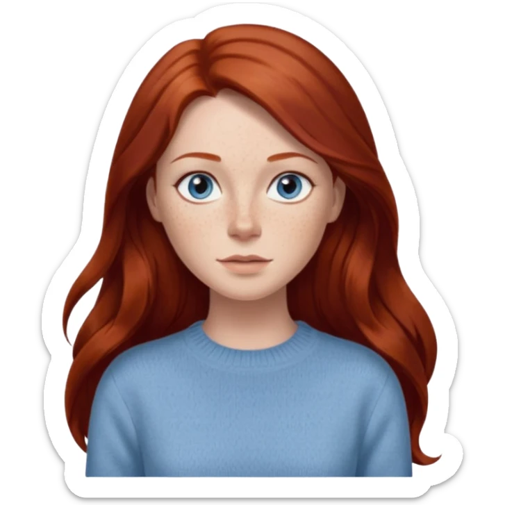 woman with long dark auburn red hair that is mostly straight but has slight waves to it. grey blue eyes. some freckles. wearing a Swedish style sweater that is neutral. the image on the right is closer sticker
