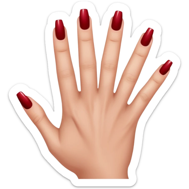 close-up of a left hand of a woman showing 3-4 fingernails out of five, painted in dark red nail polish, glossy finish, deep saturated red, smooth gradient, minimal details, clean and shiny
 sticker