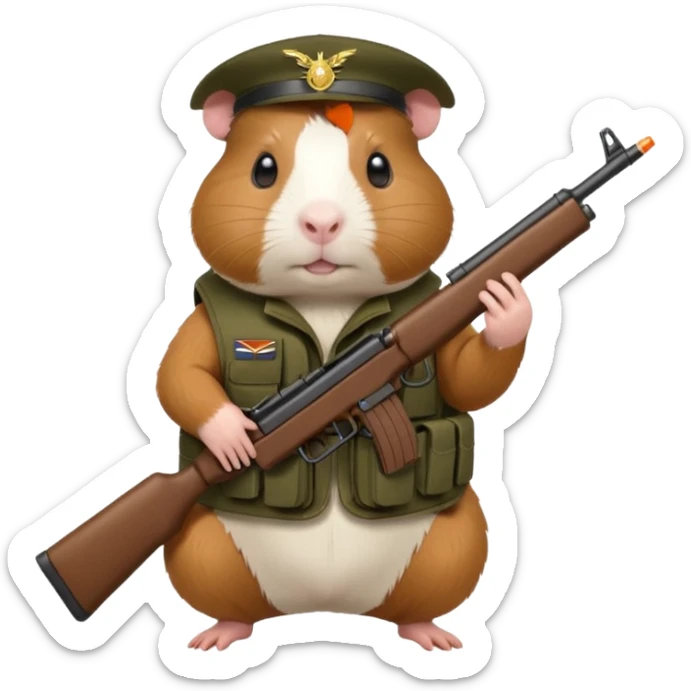 guinea pig wearing a tactical military vest holding a rifle in chest no hat sticker
