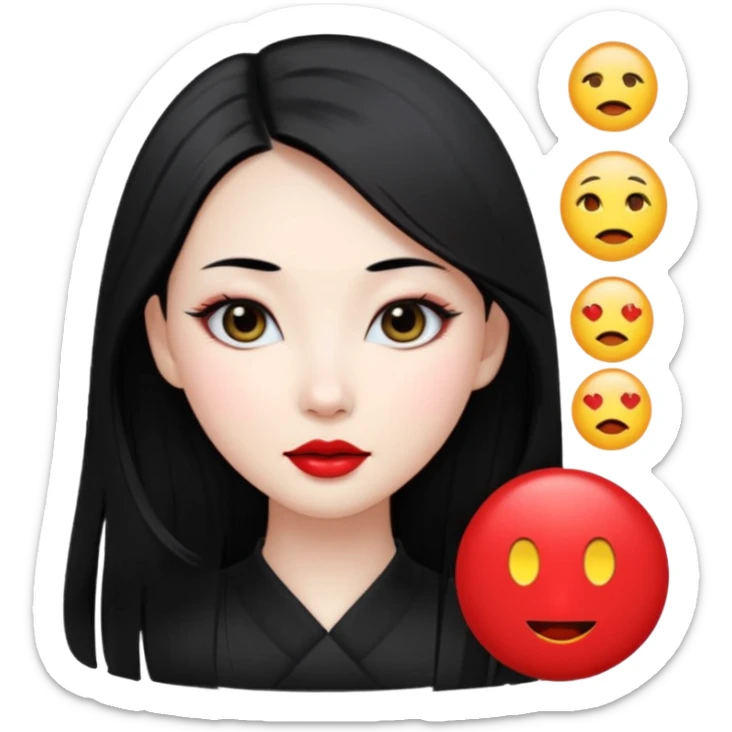 elegant young Chinese woman, long black hair, pale skin, oval face, big black eyes, red lips, emoji style sticker