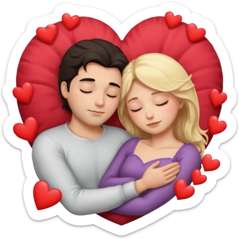 Sleeping romance couple. man has dark hair. woman is blonde. hearts around them. no third person. sticker