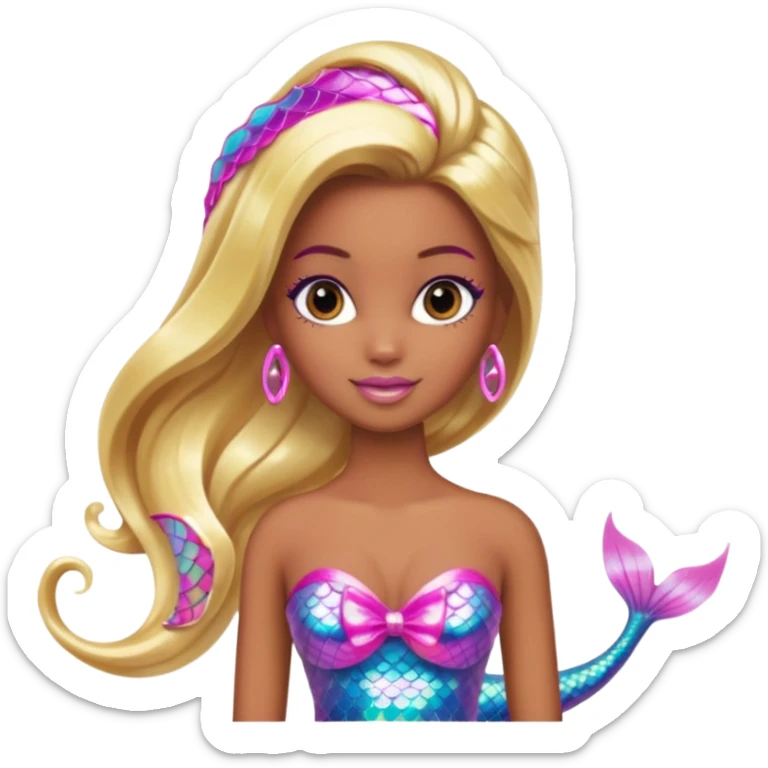 Brown skin blonde hair barbie mermaid with holographic tail and pink highlights in hair  sticker