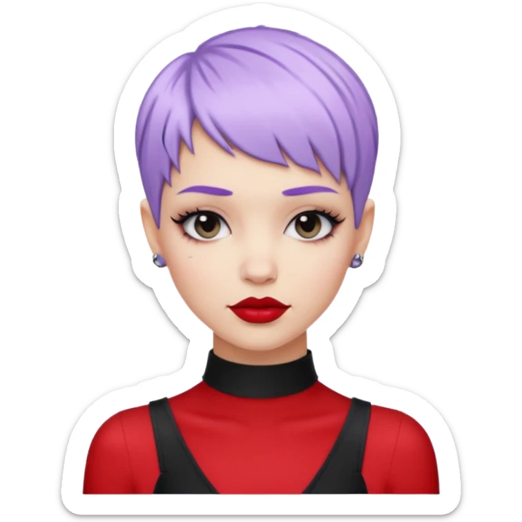 cool white girl with pastel purple pixie hair, black choker necklace, red lipstick, lip ring, raised eyebrows, smirk, fashionista style sticker