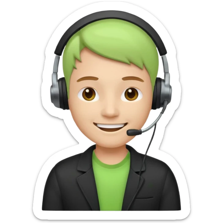 A modern flat emoji depicting a call center employee wearing a light green T-shirt and black jacket, with a headset, a friendly expression, a minimalist design, bright colors, and a white or transparent background. sticker