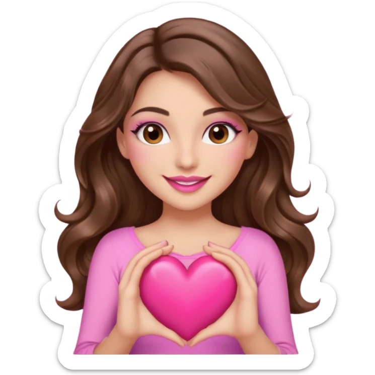 girl with long wavy brown hair, brown eyes, long lashes makeup, sexy pink lips, light to medium complexion, wearing a pink sexy top, smiling, holding a big heart with both hands sticker