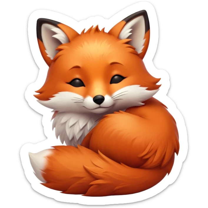 Cinematic cute sleepy fox, curled into a cozy fluffy ball, warm glowing fur, tiny black nose resting on its tail, soft breathing visible, peaceful and charming. sticker