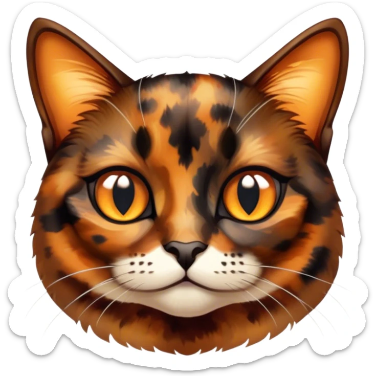 Cinematic Cute Tortoiseshell Cat Portrait Emoji, Head cocked sweetly with bright, curious eyes and a cuddly, mottled fur of rich browns and blacks, simplified yet charmingly adorable, highly detailed, glowing with a warm, gentle radiance, high shine, playful and endearing, styled with a dash of whimsical feline magic, soft glowing outline, capturing the essence of a cute tortoiseshell cat that seems ready to pounce with affectionate mischief! sticker