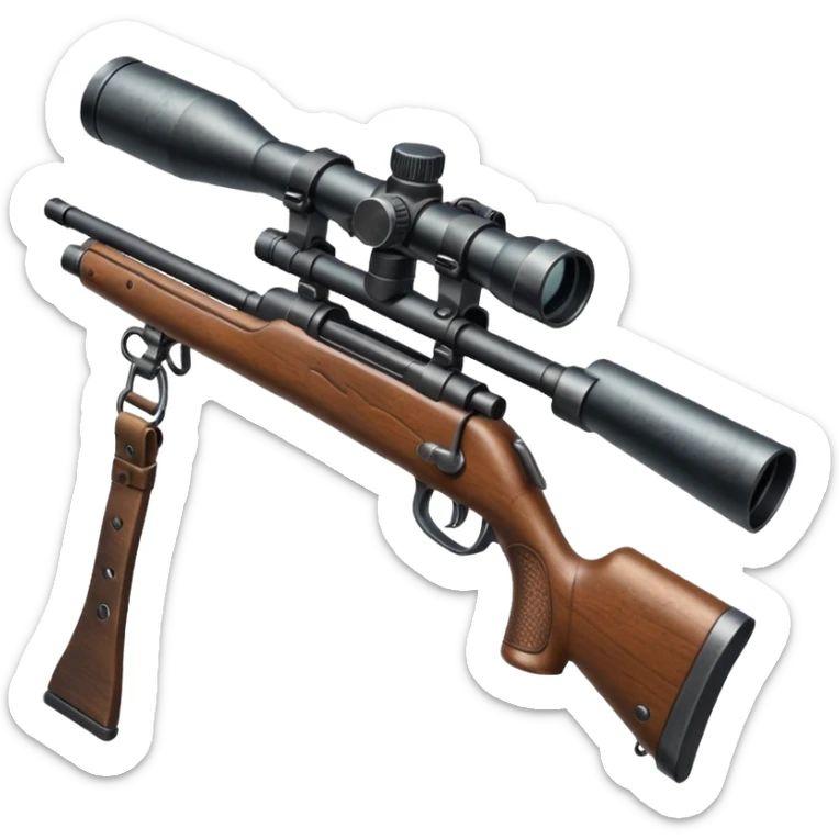 deer hunting bolt action rifle with a scope mounted to the top of the gun barrel and a sling attached properly to the underside of the gun sticker