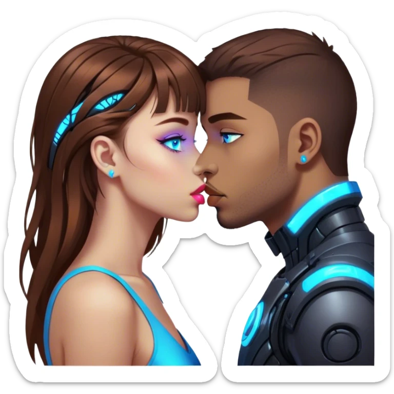 Neon cyberpunk style 
girl with brown hair and blue eyes kiss man sticker