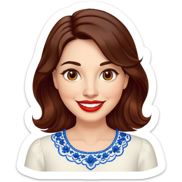 40-year-old woman with luminous fair skin, round face, wide smile, large light brown eyes, vibrant red lips, shoulder-length dark brown wavy hair, wearing white blouse with blue embroidery and electric blue neckline, mature but youthful appearance sticker