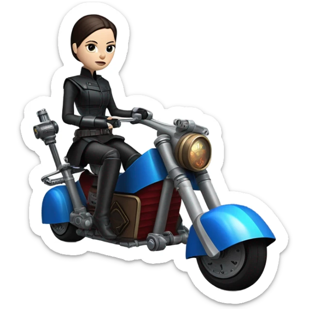 Jedi bounty hunter Wednesday Addams racing in a modern blue,red and pewter steampunk electric luxury flying speeder bike from Star Wars  sticker