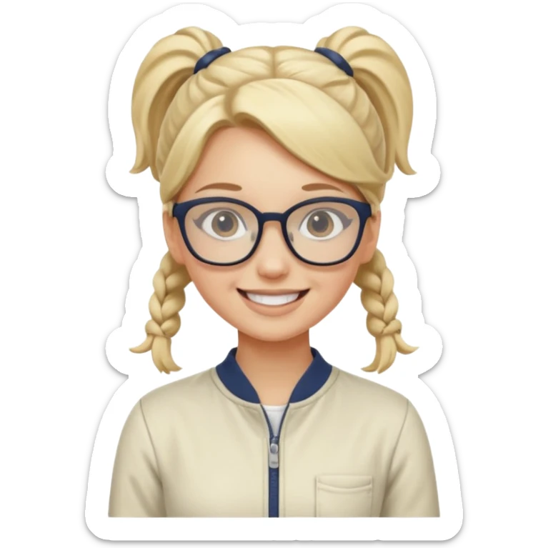 cewe kalem pake kacamata kulit putih rambut blondeponian baju kodok warna cream tersenyum sticker