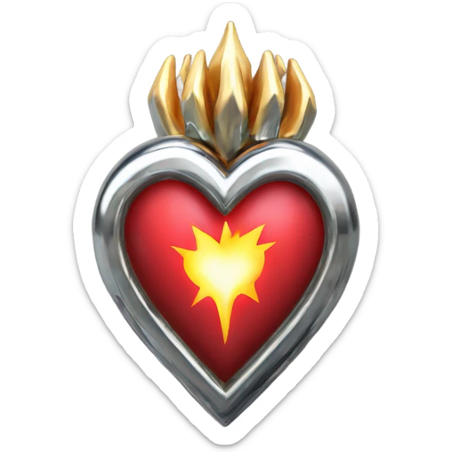 Sacred heart made of chrome, with spikes coming out of the sides and flames from the top sticker