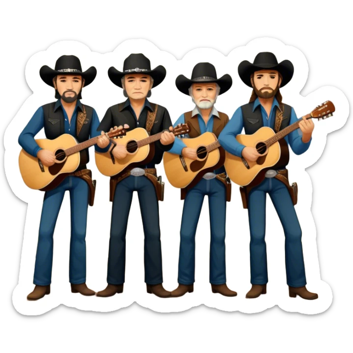 Icon for Country Music: The Highwaymen—Johnny Cash, Willie Nelson, Waylon Jennings, and Kris Kristofferson—standing together with guitars, cowboy hats, and rugged outlaw country aesthetics. Warm tones, western scenery hints, and a transparent background. sticker