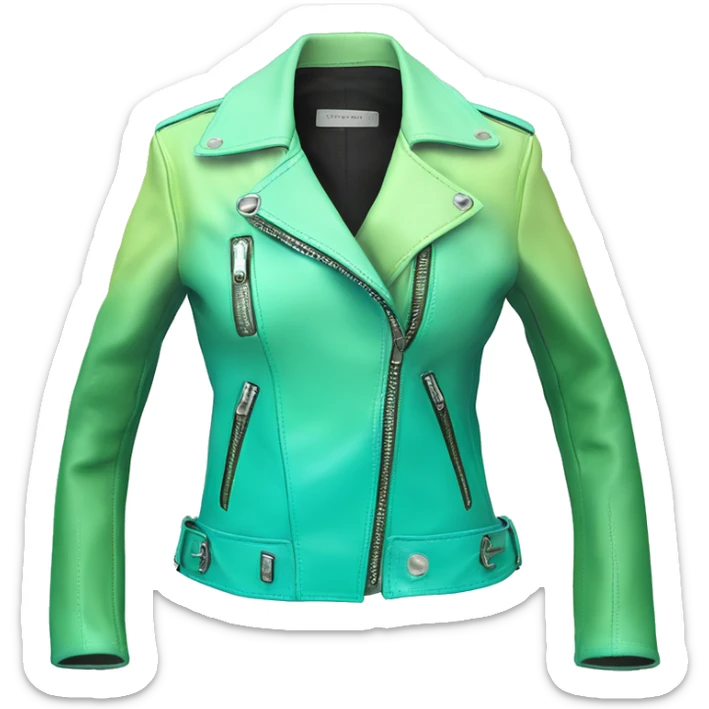 Hyper Realistic side view of an open tiffany blue ,pistachio green,sky blue and mint green ombre feminine fashion leather jacket. sticker