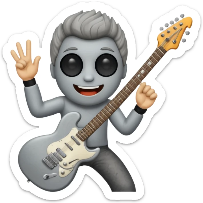 a rock with a happy face that is holding up a rock and roll hand and an electric guitar sticker