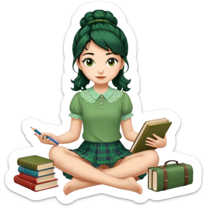 A beautiful girl wears a green lace blouse with short sleeves and a green lace skirt with a plaid pattern. Her long, curly black hair is styled in a messy bun. She holds books and crayons in her hands, and she is barefoot, sitting cross-legged on the floor. The illustration style is pop art. sticker