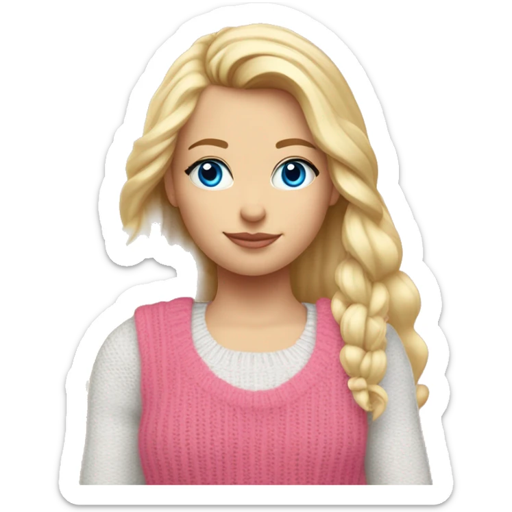 Blond girl sholders up with blue eyes and long eyelashes and a pink tank top on with a knit sweater that is white over her shirt and a bow in her hair sticker