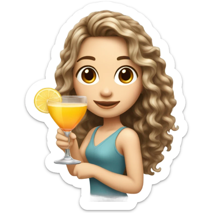 Beautiful girl with flowy Long curly brown hair with blonde highlights, white skin with a cocktail sticker