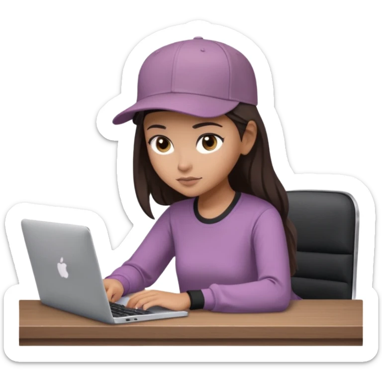A professional 3D avatar of a young woman with olive skin and long, dark brown hair, wearing a dark, long-sleeved mauve taupe shirt and a black baseball cap. She's sitting at a sleek wooden desk, typing and looking at a silver MacBook.  sticker