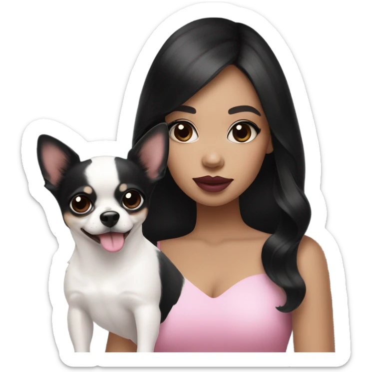 Thick medium black hair with black eyes and pink lip and pink cheek Filipino lady with black and white Chihuahua  sticker
