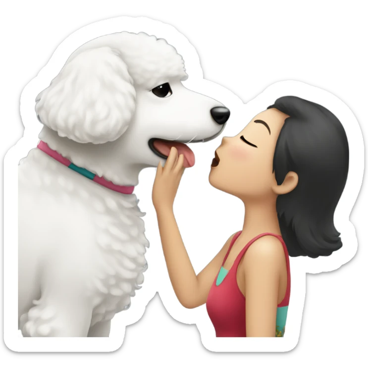 A white bichon giving kisses to an Asian woman  sticker