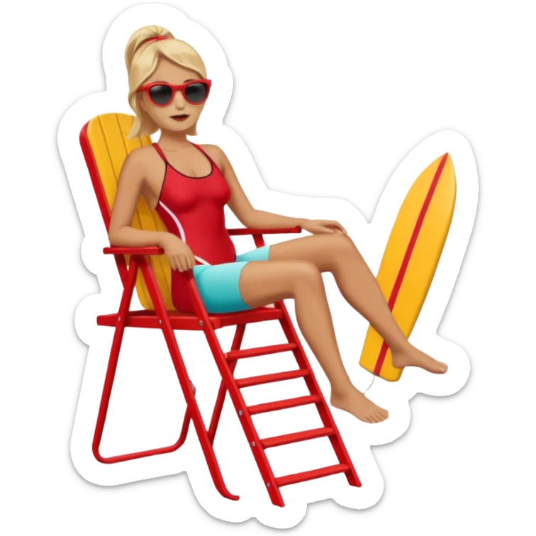 Female lifeguard – red swimsuit, sunglasses, sitting on tall lifeguard chair. sticker