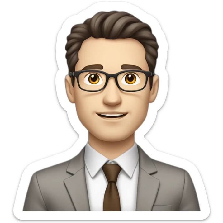 Pale skinned fit man with dark brown hair in gray jacket, beige office shirt, brown tie, brown pants and vintage glasses Writing on the marker board sticker