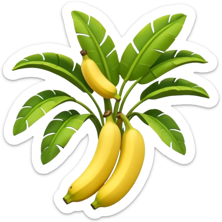 A 3D cartoon banana plant with large green leaves and a bunch of bananas growing downward, natural lighting, Memoji-style. sticker