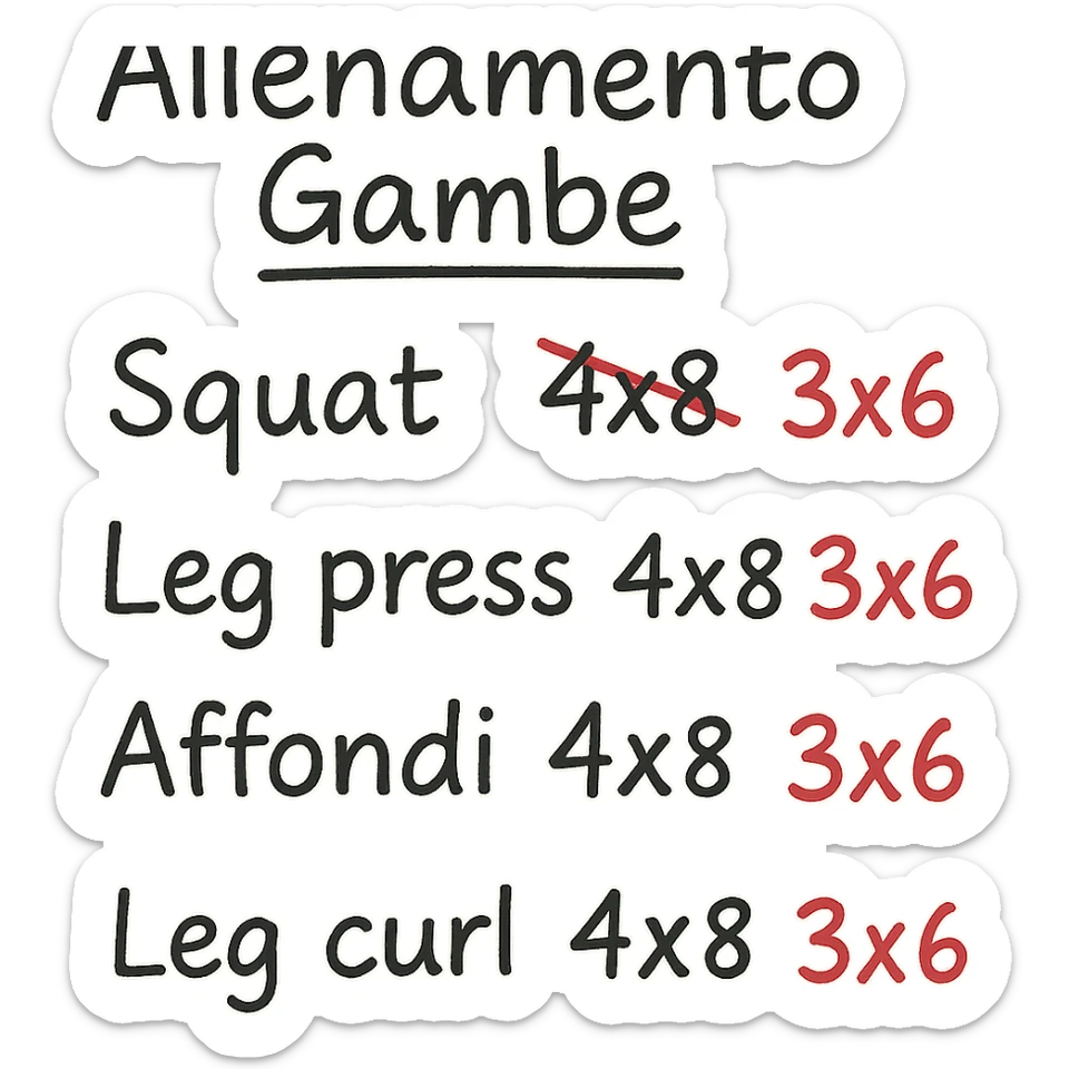 foglio di carta con scheda di allenamento gambe in italiano con volume di allenamento ridotto (fai alcuni esercizi con 4x8 scritti in precedenza sbarrati in rosso e la correzione accanto tipo 3x6), scrivila al meglio che puoi sticker