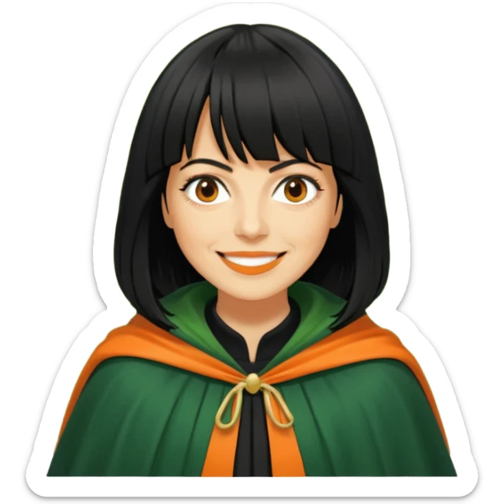 traitor tv show, person wearing green cloak who looks like claudia winkleman orange skin tone and thick black fringe sticker