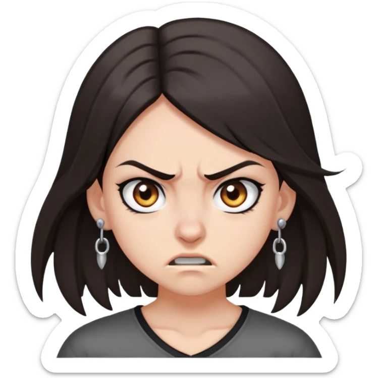 angry girl, dark brown shoulder-length hair, grey eyes, nose and ear piercings sticker