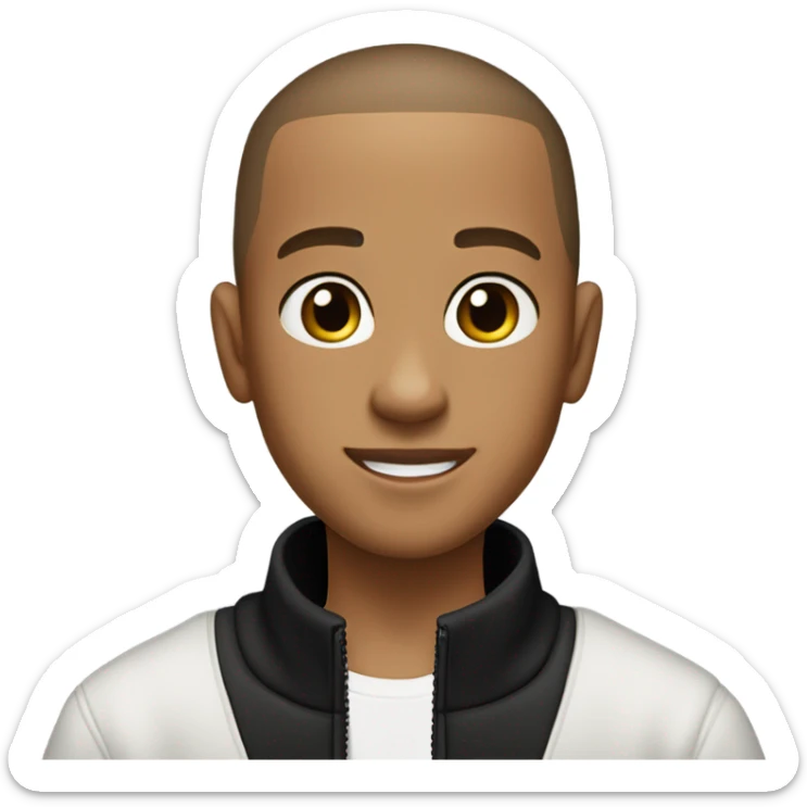 boy with very light brown skin, buzz cut, no facial hair, wearing a smart black quarter zip jumper with white t shirt underneath. sticker
