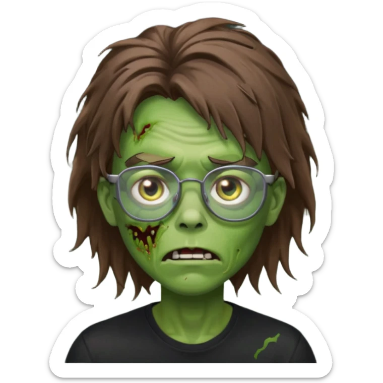 Green zombie, brown messy hair covering the forehead, black glasses, black shirt. iOS style. sticker