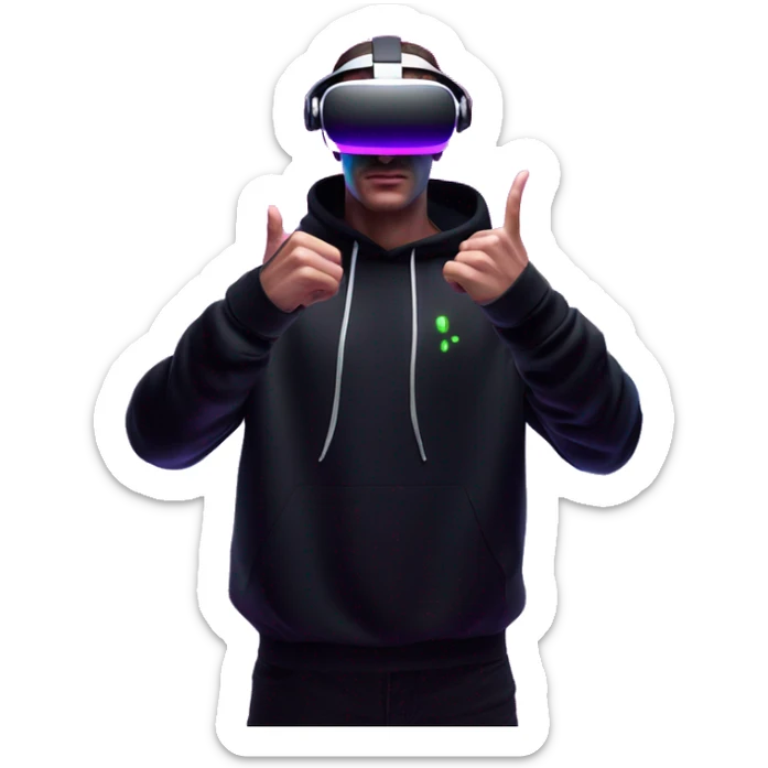 Russian man wearing a black hoodie with "OMG" letters on it and VR headset oculus quest 2 in a cyberpunk VR environment with violet neon lighting. Showing direction with hand sticker